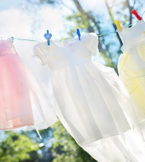clothesline, little girl dresses, laundry, hang, clothespins, clean, airy, washed clothes, clothing, dresses, children's clothes, clothes